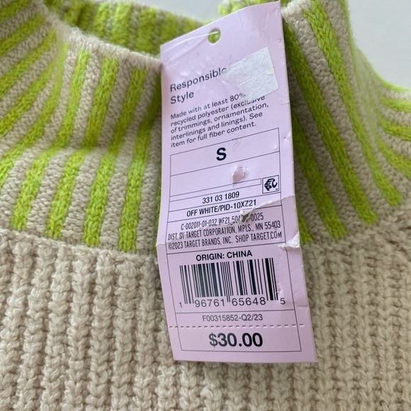 NWT‎ Wild Fable Womens Cropped Sweater Size Small Cream Floresent Green Stripe - Picture 3 of 11